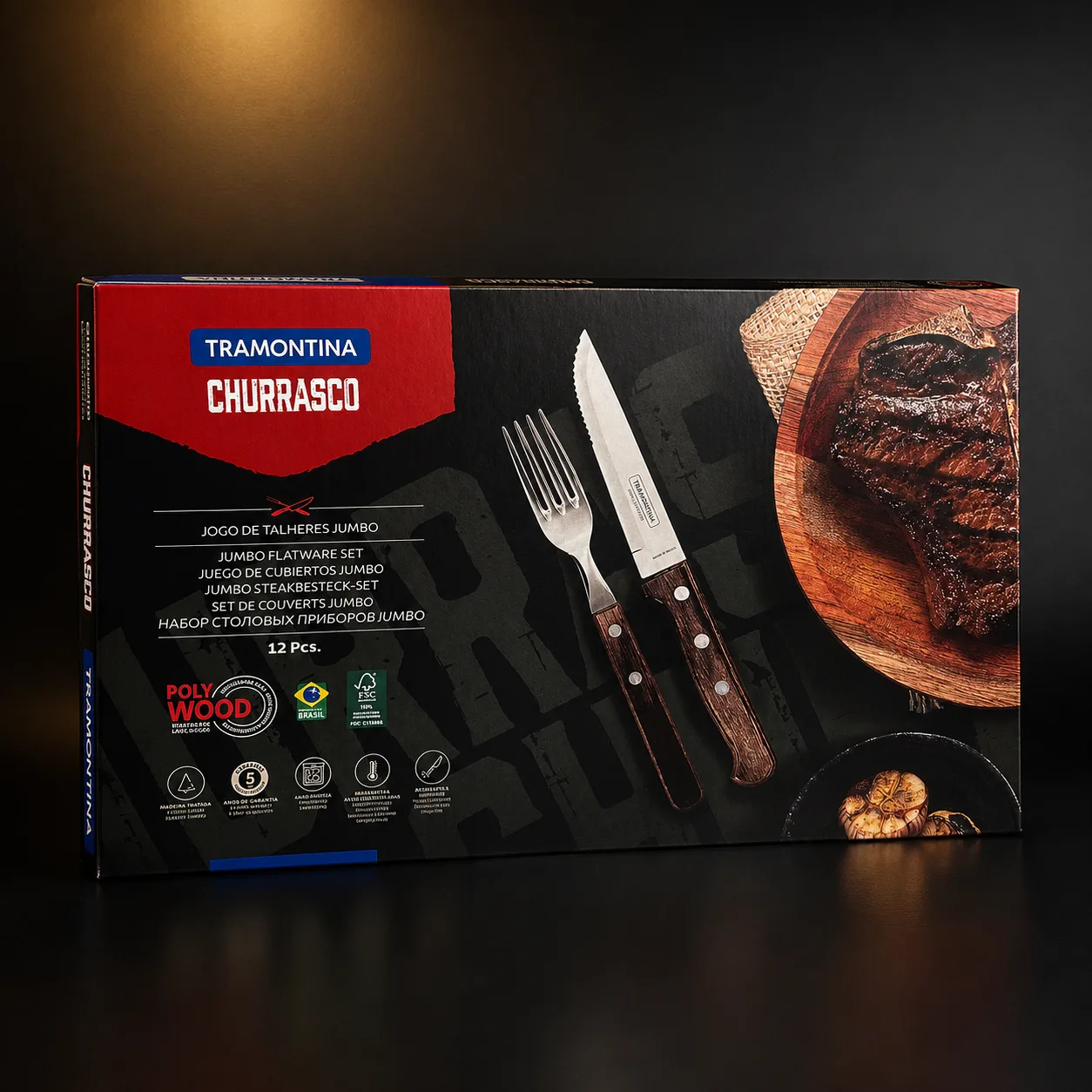 JOGO CHURRASCO TRAMONTINA POLYWOOD JUMBO 12 PCS CASTANHO-21198976